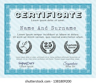 Light blue Diploma or certificate template. Sophisticated design. Detailed. With great quality guilloche pattern. 