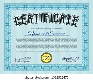 Light blue Diploma or certificate template. Vector illustration. With guilloche pattern. Artistry design. 
