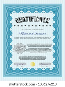 Light blue Diploma or certificate template. Detailed. Printer friendly. Beauty design. 