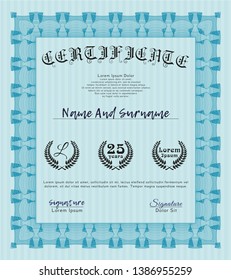 Light blue Diploma or certificate template. Money style design. Complex background. Detailed. 
