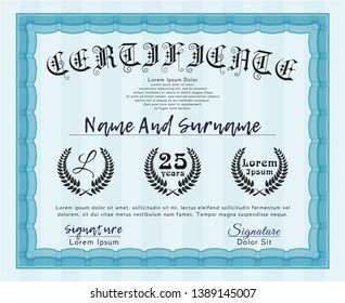 Light blue Diploma or certificate template. Artistry design. Printer friendly. Customizable, Easy to edit and change colors. 
