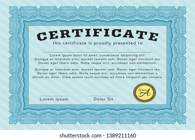 Light blue Diploma or certificate template. Vector illustration. With complex background. Perfect design. 