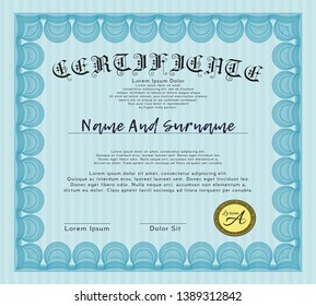 Light blue Diploma or certificate template. Customizable, Easy to edit and change colors. With complex linear background. Beauty design. 