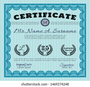 Light blue Diploma or certificate template. Artistry design. With guilloche pattern. Detailed. 