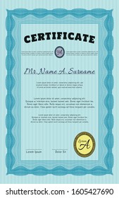 Light blue Diploma or certificate template. Vector illustration. With linear background. Sophisticated design. 