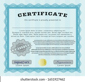 Light blue Diploma or certificate template. Good design. With linear background. Vector illustration. 