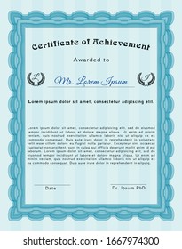 Light blue Diploma or certificate template. Modern design. Detailed. With complex linear background. 