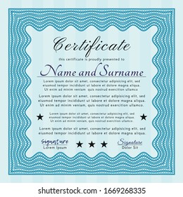 Light blue Diploma or certificate template. With guilloche pattern. Detailed. Money design. 
