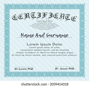 Light blue Diploma or certificate template.  Money style design.  With complex linear background.  Vector illustration. 