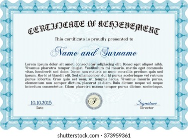 Light blue Diploma or certificate template. Vector pattern that is used in currency and diplomas.Superior design. Complex background. 