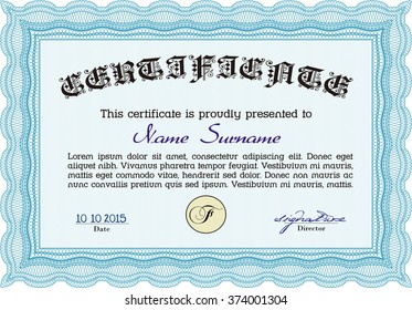 Light blue Diploma or certificate template. Vector pattern that is used in currency and diplomas.Superior design. Complex background. 