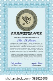 Light blue Diploma or certificate template. With complex background. Vector illustration. Lovely design. 