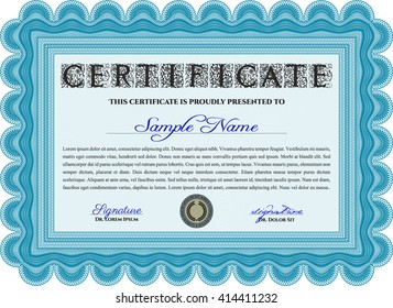 Light blue Diploma or certificate template. Complex background. Vector pattern that is used in currency and diplomas.Superior design. 