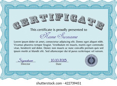 Light blue Diploma or certificate template. Lovely design. Vector illustration. With complex background. 