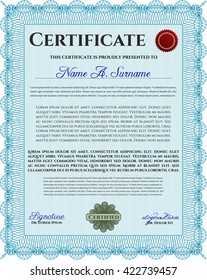 Light blue Diploma or certificate template. Lovely design. Vector illustration. With complex background. 