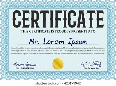Light blue Diploma or certificate template. Superior design. Complex background. Vector pattern that is used in currency and diplomas.
