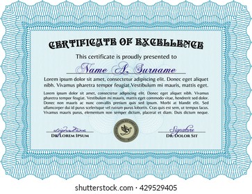 Light blue Diploma or certificate template. Vector pattern that is used in currency and diplomas.Superior design. Complex background. 
