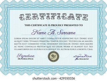 Light blue Diploma or certificate template. Complex background. Vector pattern that is used in currency and diplomas.Superior design. 