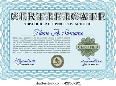 Light blue Diploma or certificate template. With complex background. Vector illustration. Lovely design. 