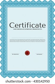 Diploma azul claro o plantilla de certificado. Ilustración vectorial. Bonito diseño. Con un fondo complejo. 