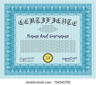 Light blue Diploma or certificate template. Lovely design. With quality background. Vector illustration. 