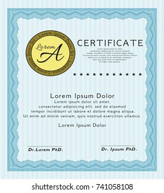 Light blue Diploma or certificate template. Complex background. Money Pattern design. Vector illustration. 