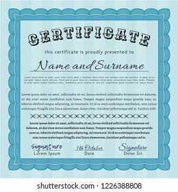 Light blue Diploma. Complex background. Detailed. Cordial design. 
