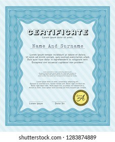 Light blue Diploma. With complex background. Beauty design. Detailed. 