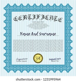 Light blue Diploma. With complex linear background. Detailed. Beauty design. 