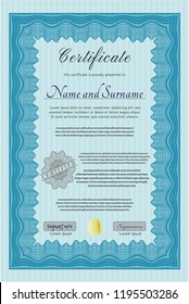 Light blue Diploma. Customizable, Easy to edit and change colors. With guilloche pattern and background. Modern design. 