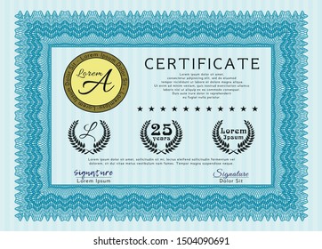 Light blue Diploma. Customizable, Easy to edit and change colors. Complex background. Money Pattern design. 