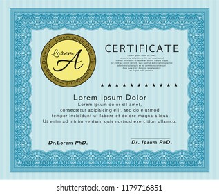 Light blue Diploma. Detailed. With great quality guilloche pattern. Perfect design. 