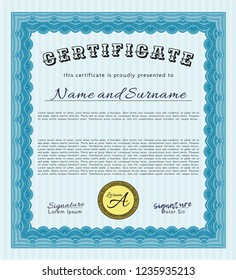 Light blue Diploma. Detailed. With guilloche pattern. Modern design. 