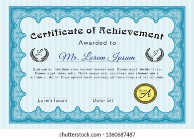 Light blue Diploma. Detailed. With guilloche pattern and background. Money Pattern design. 