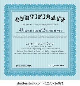 Light blue Diploma. Easy to print. Detailed. Artistry design. 