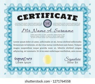 Light blue Diploma. Easy to print. Customizable, Easy to edit and change colors. Perfect design. 