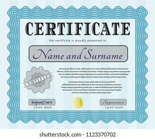 Light blue Diploma. Elegant design. With quality background. Vector illustration. 