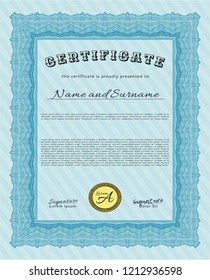 Light blue Diploma. Elegant design. Customizable, Easy to edit and change colors. With complex background. 