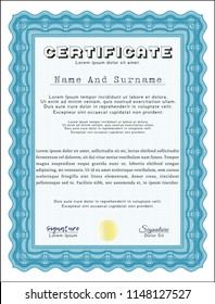 Light blue Diploma. With great quality guilloche pattern. Modern design. Detailed. 