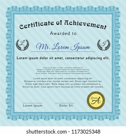 Light blue Diploma. With great quality guilloche pattern. Detailed. Sophisticated design. 