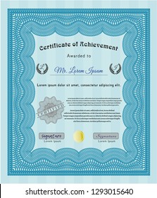 Light blue Diploma. With great quality guilloche pattern. Vector illustration. Excellent design. 
