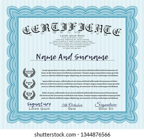 Light blue Diploma. With great quality guilloche pattern. Customizable, Easy to edit and change colors. Good design. 