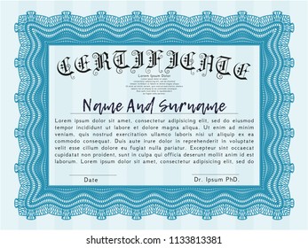 Light blue Diploma. With guilloche pattern and background. Money design. Customizable, Easy to edit and change colors. 