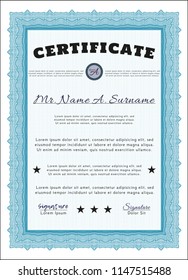 Light blue Diploma. With guilloche pattern. Vector illustration. Perfect design. 