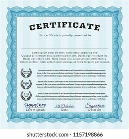 Light blue Diploma. With guilloche pattern and background. Vector illustration. Excellent design. 