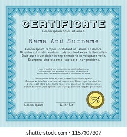 Light blue Diploma. With guilloche pattern and background. Customizable, Easy to edit and change colors. Money Pattern design. 