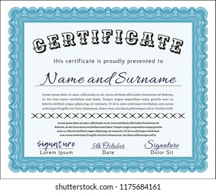 Light blue Diploma. With guilloche pattern. Detailed. Retro design. 