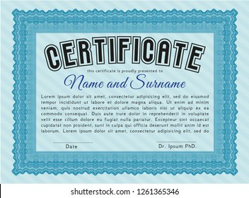 Light blue Diploma. With guilloche pattern and background. Vector illustration. Elegant design. 