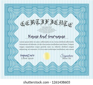 Light blue Diploma. With guilloche pattern and background. Money design. Customizable, Easy to edit and change colors. 