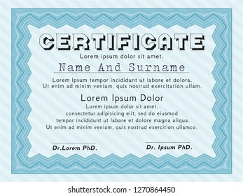 Light blue Diploma. With guilloche pattern. Customizable, Easy to edit and change colors. Cordial design. 